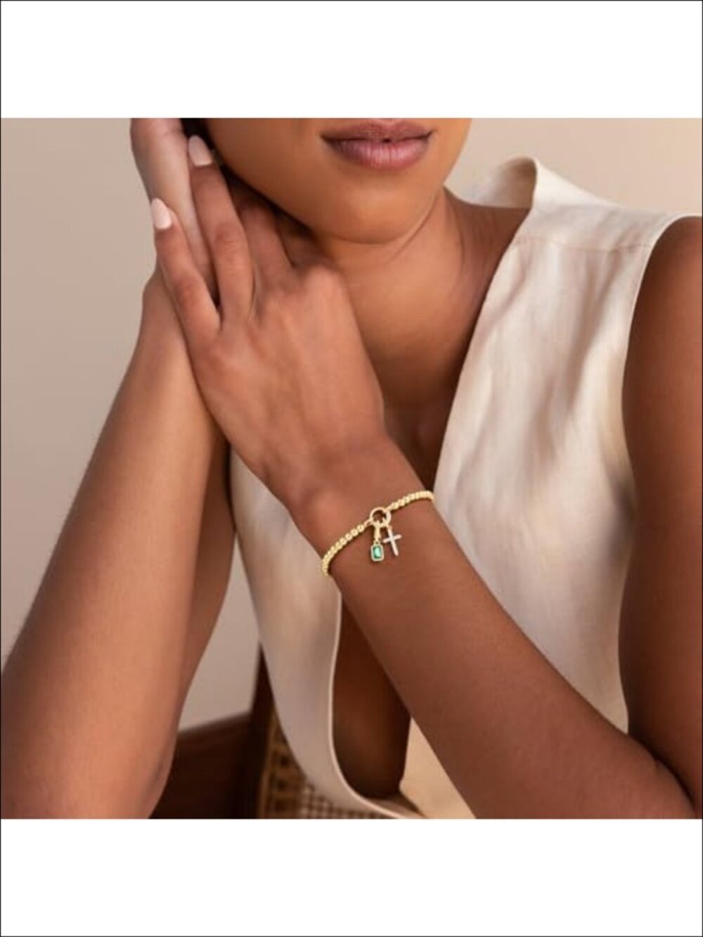 Turandoss Cross Birthstone Bracelet 14K Gold Plated Beaded Charm - Picture 6 of 6